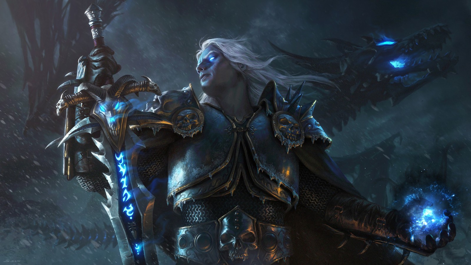 Una mujer en armadura sosteniendo una espada y un dragón (rey lich, arthas menethil, espada, world of warcraft, videojuego)