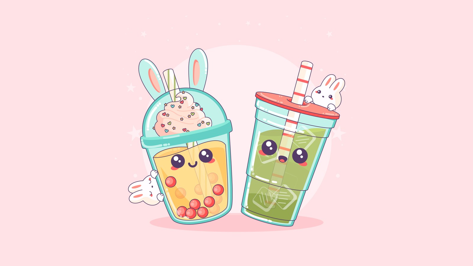 Две чашки бобового чая с ушками кролика (кавайный бубль чай, kawaii boba tea, cute tea cups, розовый фон, девчачьи фоны)