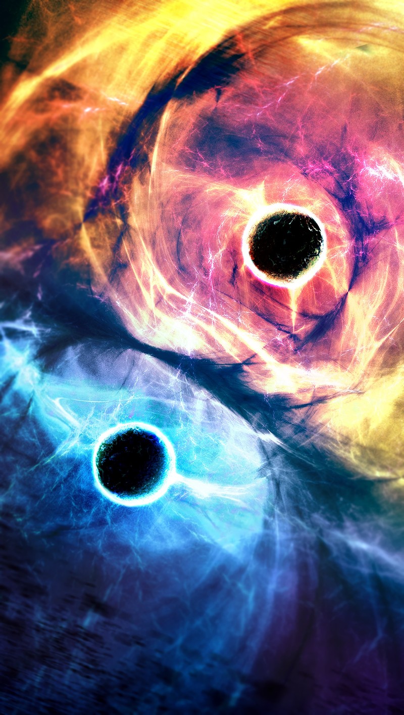 Image de deux trous noirs dans un espace tourbillonnant (espace, conception graphique, art, terre, univers)