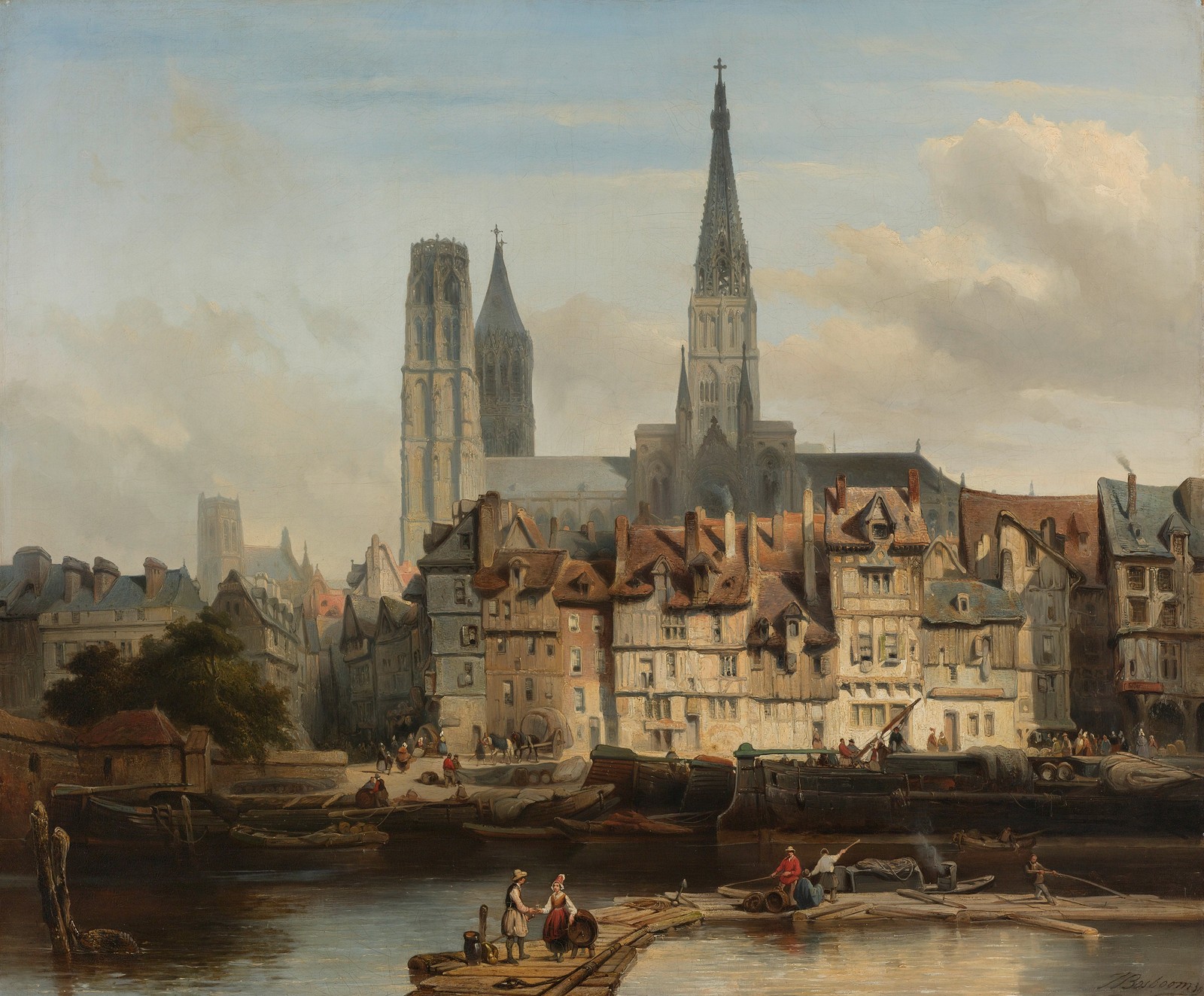 Painting of a city with a river and a boat in the foreground (painting, watercolor paint, art, building, medieval architecture)