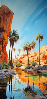 Sunlit Oasis: Vibrant Palms and Reflective Waters in a Desert Landscape