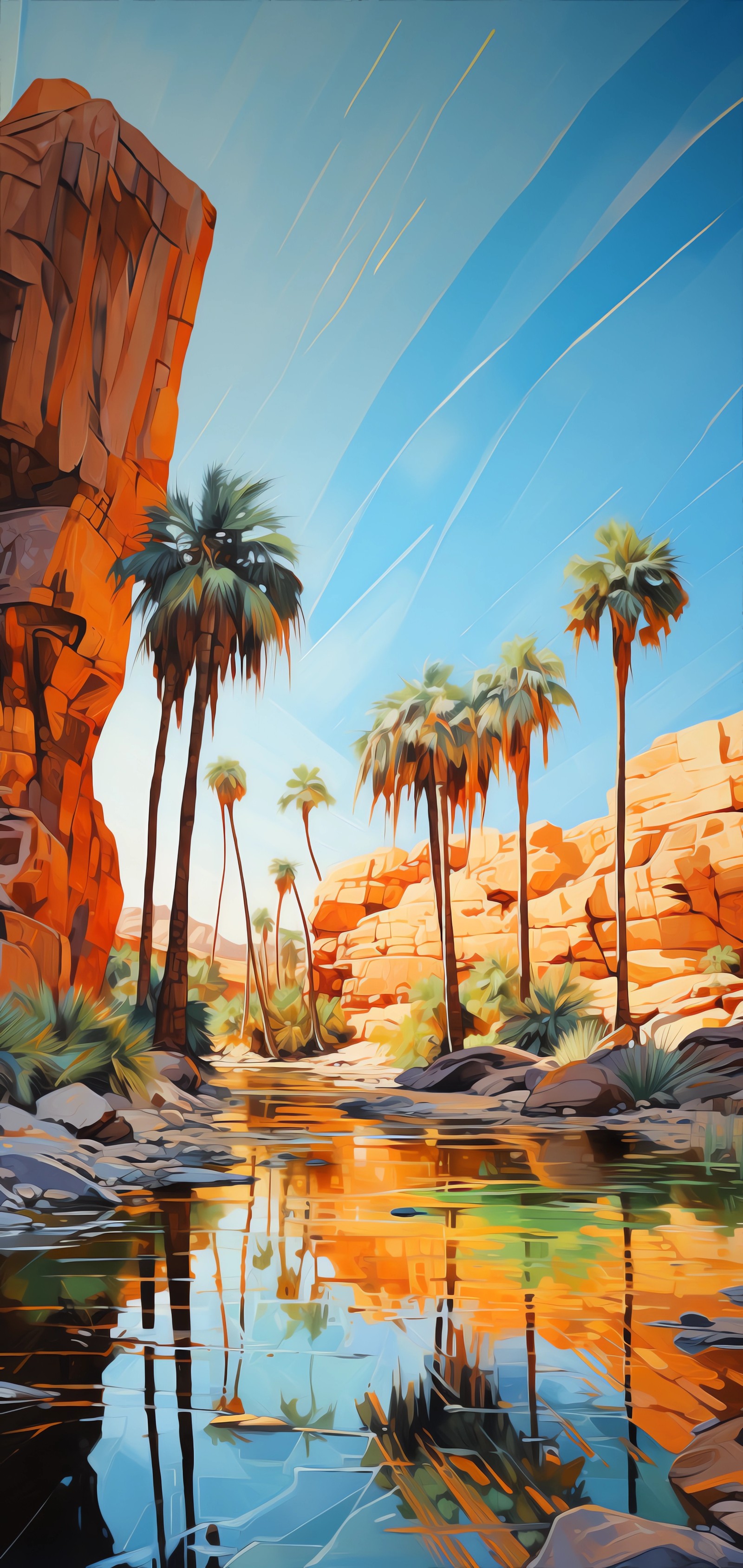 Painting of a desert scene with palm trees and a body of water (sunlight, illustration, water, daytime, plant)