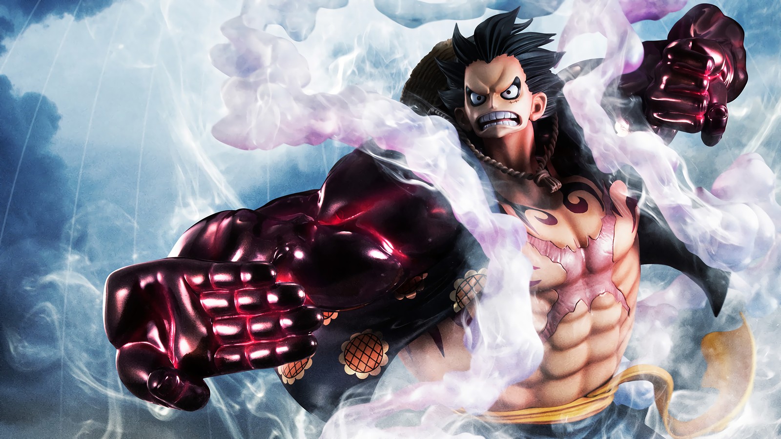 Un primer plano de un hombre con un puño en la mano (monkey d luffy, boundman, gear fourth, one piece, anime)