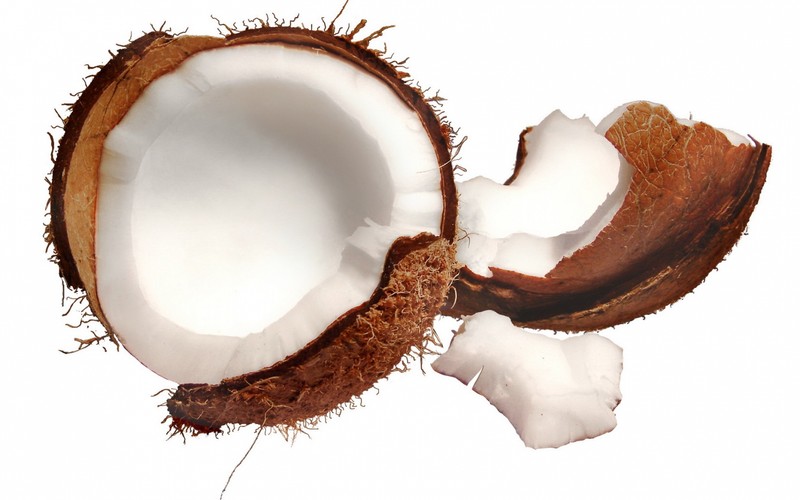 Des noix de coco sont ouvertes et posées sur une surface blanche (noix de coco, tasse)