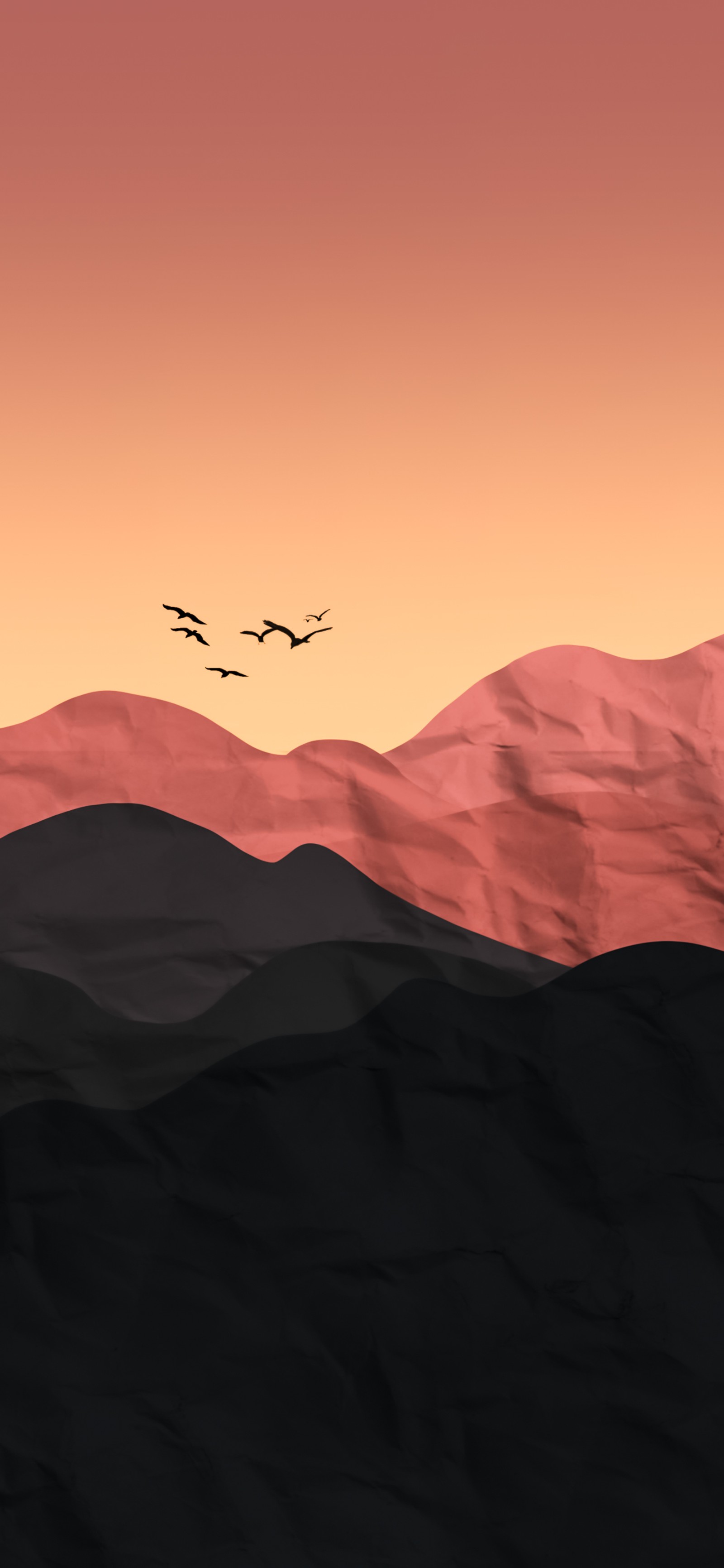 Montagnes avec des oiseaux volant dans le ciel au coucher du soleil (biologie, science, oiseau, atmosphère, montagne)