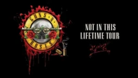 Logo de la gira "Not in This Lifetime" de Guns N' Roses que presenta una calavera, rosas e imágenes de armas sobre un fondo oscuro.