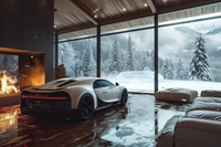 Gemütlicher Winter Rückzugsort mit Bugatti Chiron und malerischer schneebedeckter Aussicht