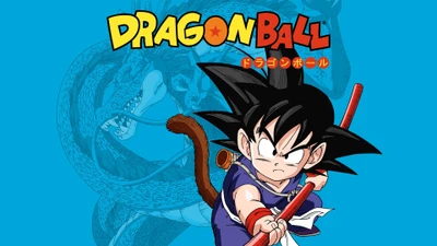 Goku with his signature staff against a vibrant blue background, showcasing classic Dragon Ball art style.