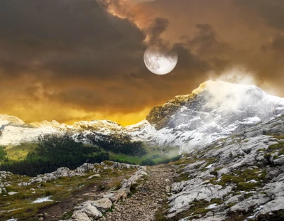 Montanhas cobertas de neve sob uma lua cheia com nuvens escuras e uma trilha de caminhada