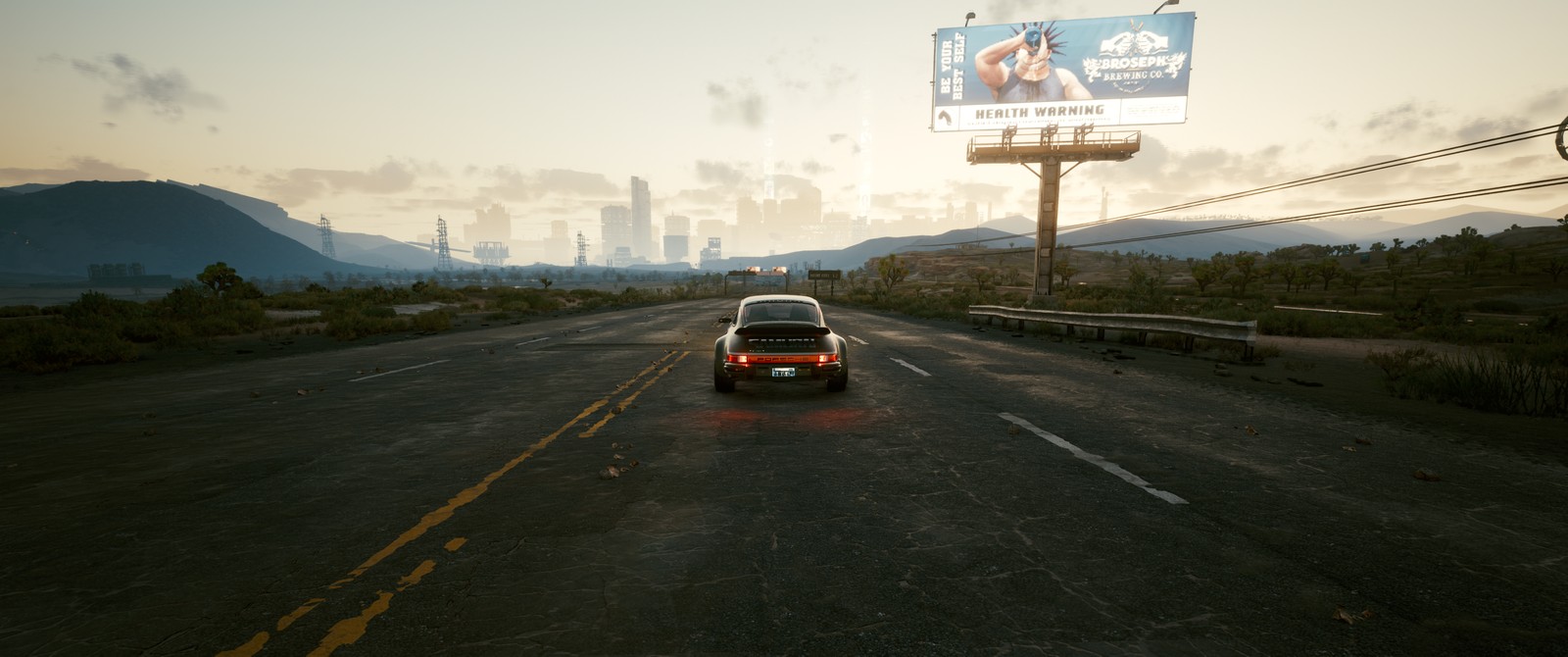 Hay un coche conduciendo por la carretera con un cartel publicitario de fondo (carril, cyberpunk 2077, cd projekt, coches, nube)