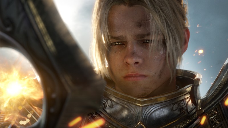 Крупный план человека, держащего меч на поле (андуин врин, anduin wrynn, wow, world of warcraft битва за азерот, world of warcraft)