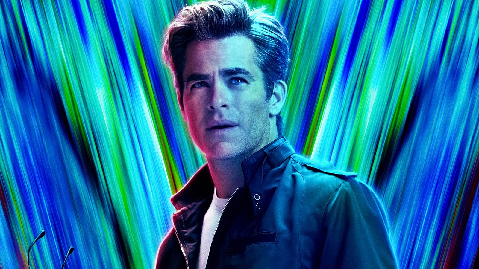 A man in a black jacket standing in front of a colorful background (woman woman 1984, movie, 2020, poster, steve trevor)