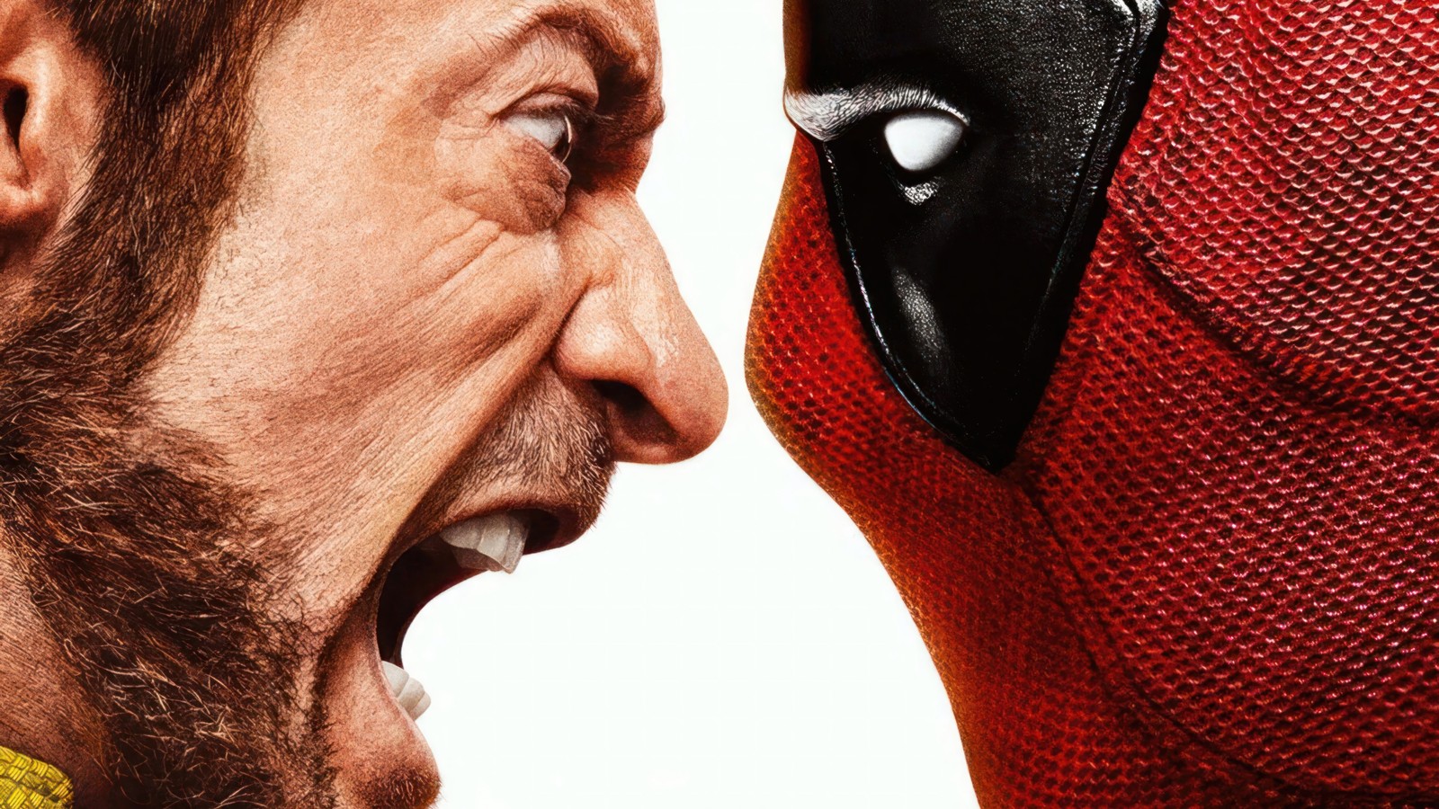 Um close-up de um homem com barba e rosto de deadpool (deadpool e wolverine, filme, marvel, wolverine, cartaz)