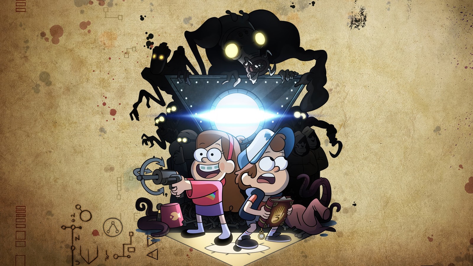 Una imagen de dibujos animados de dos personas de pie frente a un monstruo gigante (gravity falls, series de televisión, caricatura, mabel pines, dipper pines)