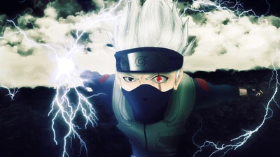 Kakashi Hatake unleashes lightning powers, showcasing his Sharingan in a dramatic anime scene.