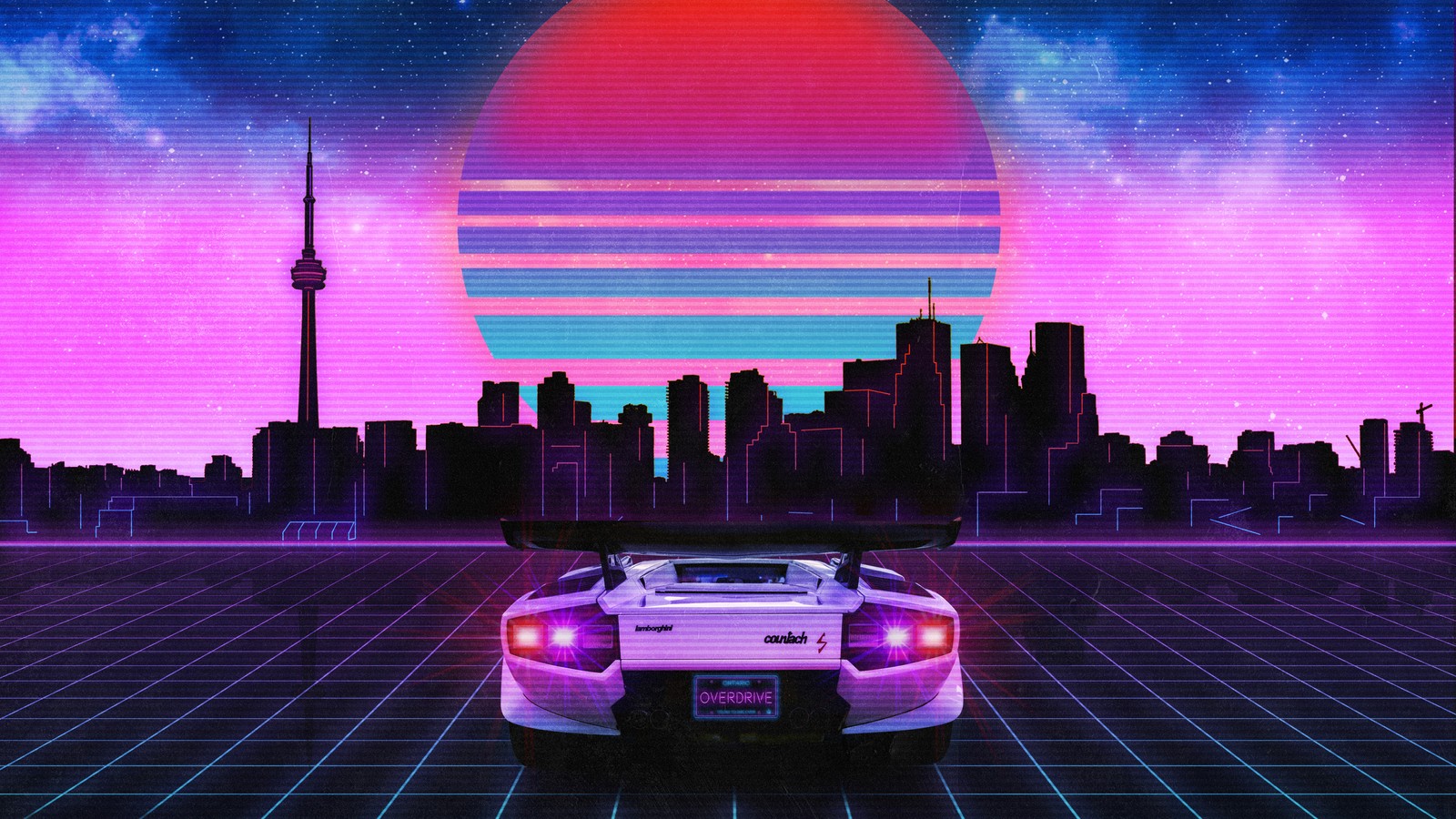 Машина перед неоновым городом на закате (lamborghini, неон, город, ретровейв, retrowave)