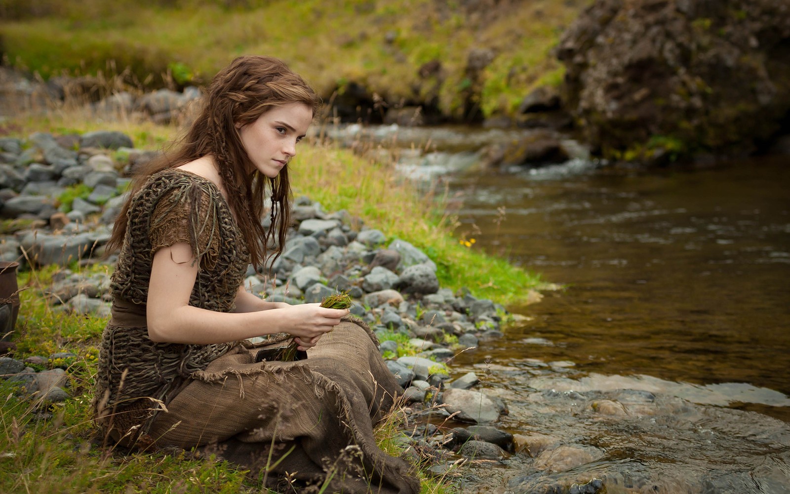 Une femme en robe marron assise sur une pierre près d'une rivière (emma watson, noé, noah, nature, eau)