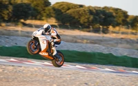 KTM Supermoto-Fahrer macht ein Wheelie auf der Rennstrecke