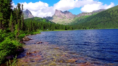 Serene Highland Lake Surrounded by Majestic Mountains and Lush Forest