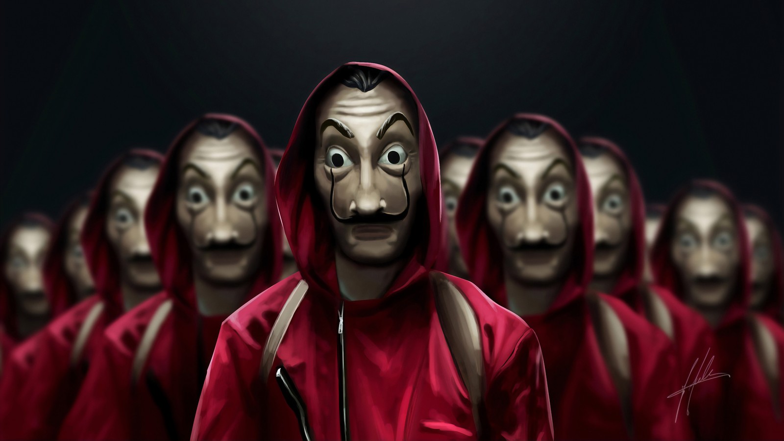 Eine nahaufnahme einer gruppe von menschen in roten hoodies (haus des geldes, money heist, la casa de papel, netflix, fernsehserie)