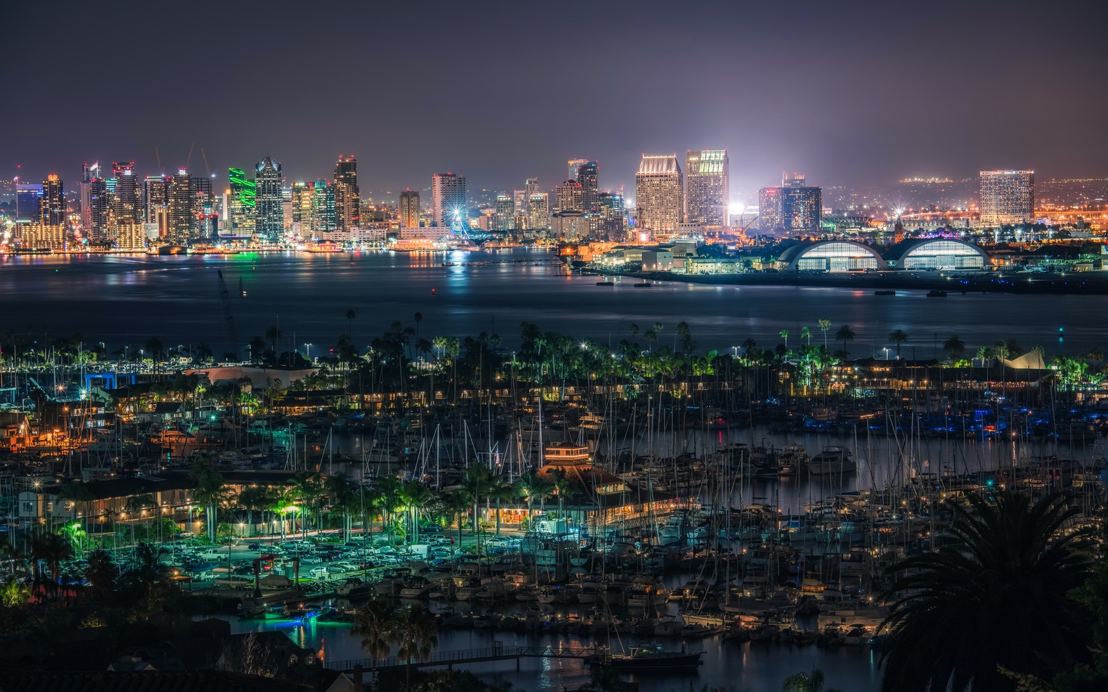 Uma vista de uma cidade à noite com muitos barcos na água (san diego, paisagem urbana, cidade, metrópole, área urbana)