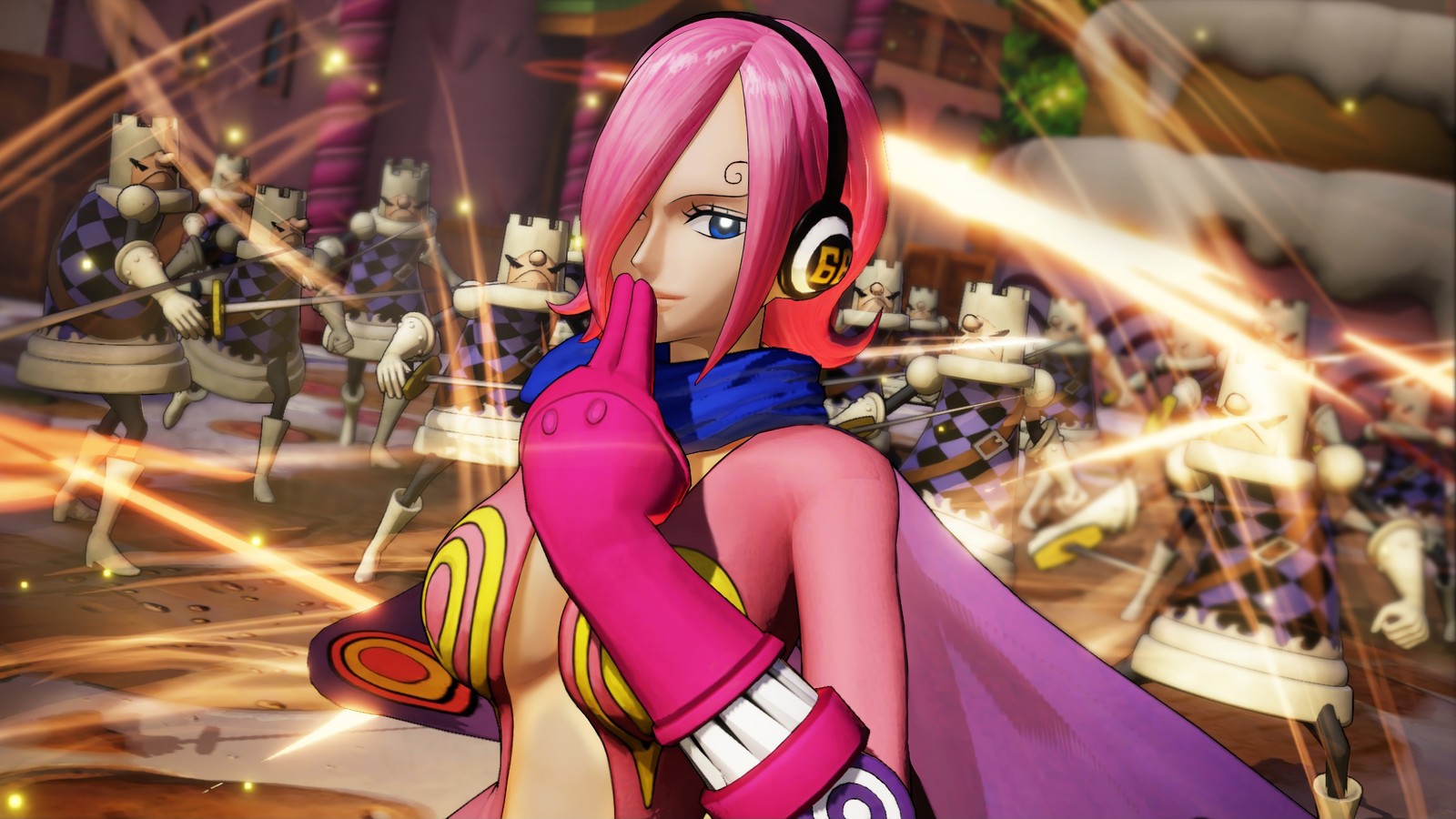 A woman in a pink outfit standing in front of a crowd of people (vinsmoke reiju, one piece pirate warriors 4, video game)