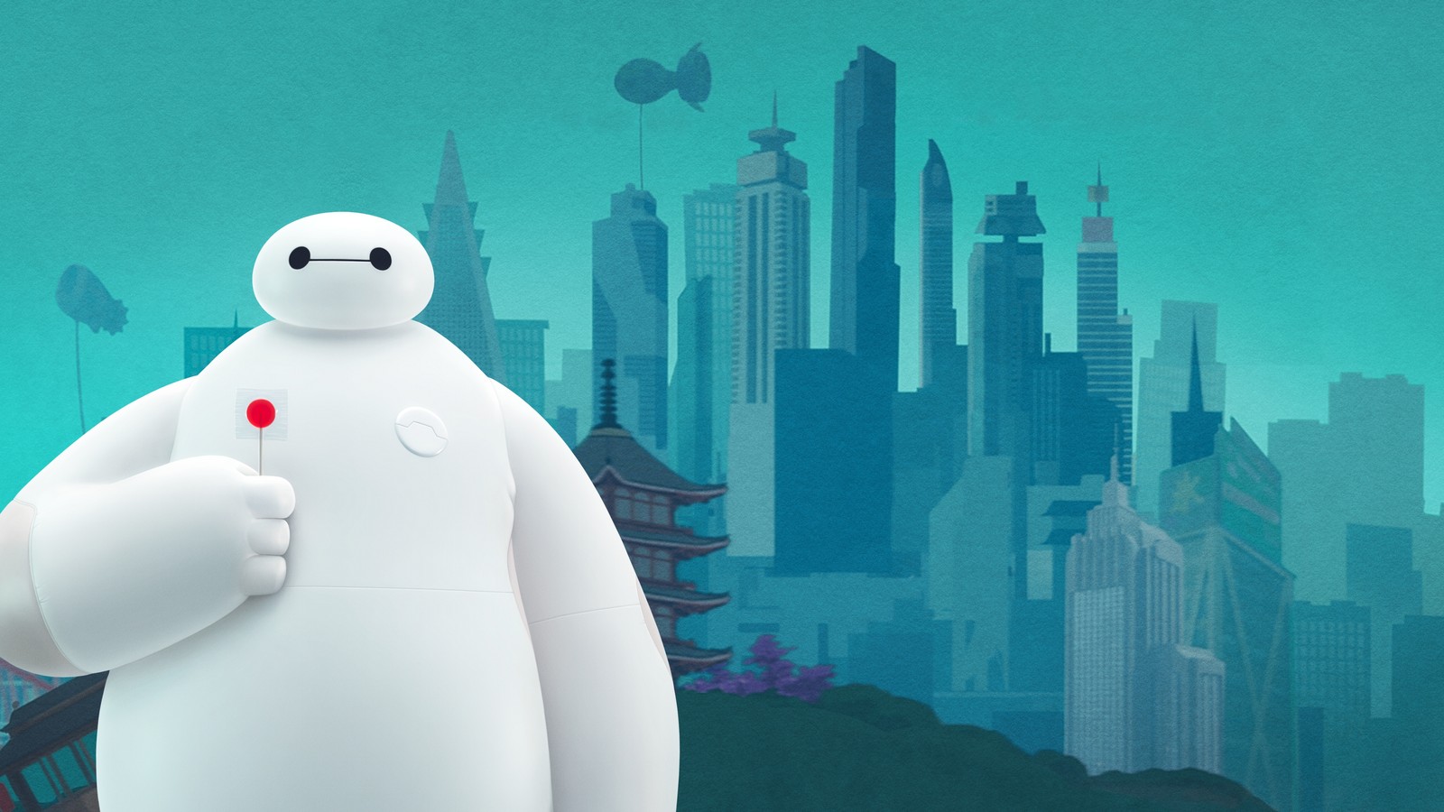 Крупный план большого героя, стоящего перед городом (бэймакс, baymax, диснеевская серия, сериал, серия 2022 года)