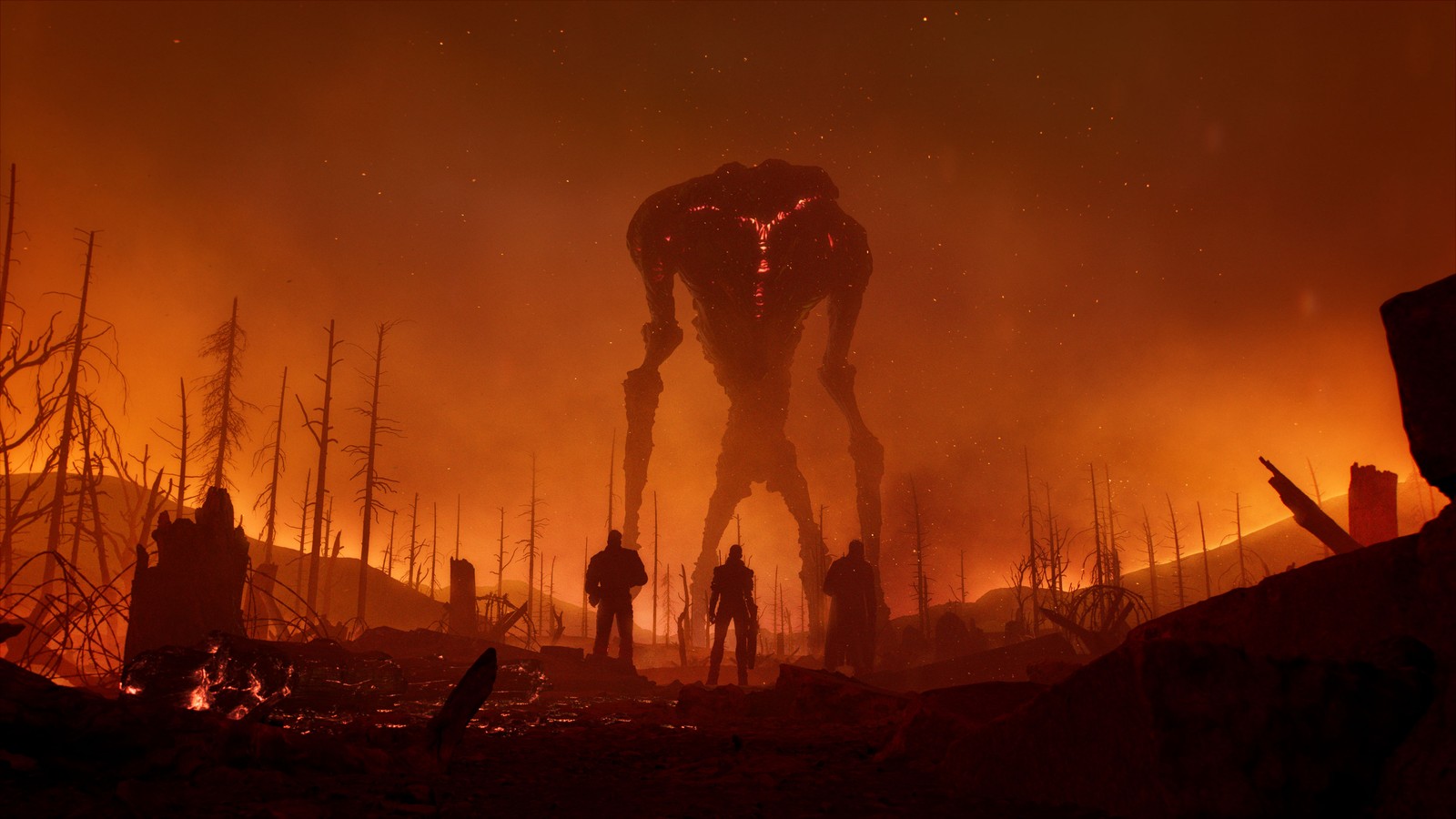 A group of people standing in a burnt area with a giant robot (outriders, video game)