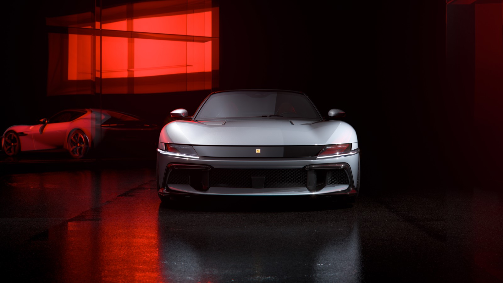 A close up of a white sports car in a garage (ferrari 12cilindri, sports car, 5k, 8k, 2024)