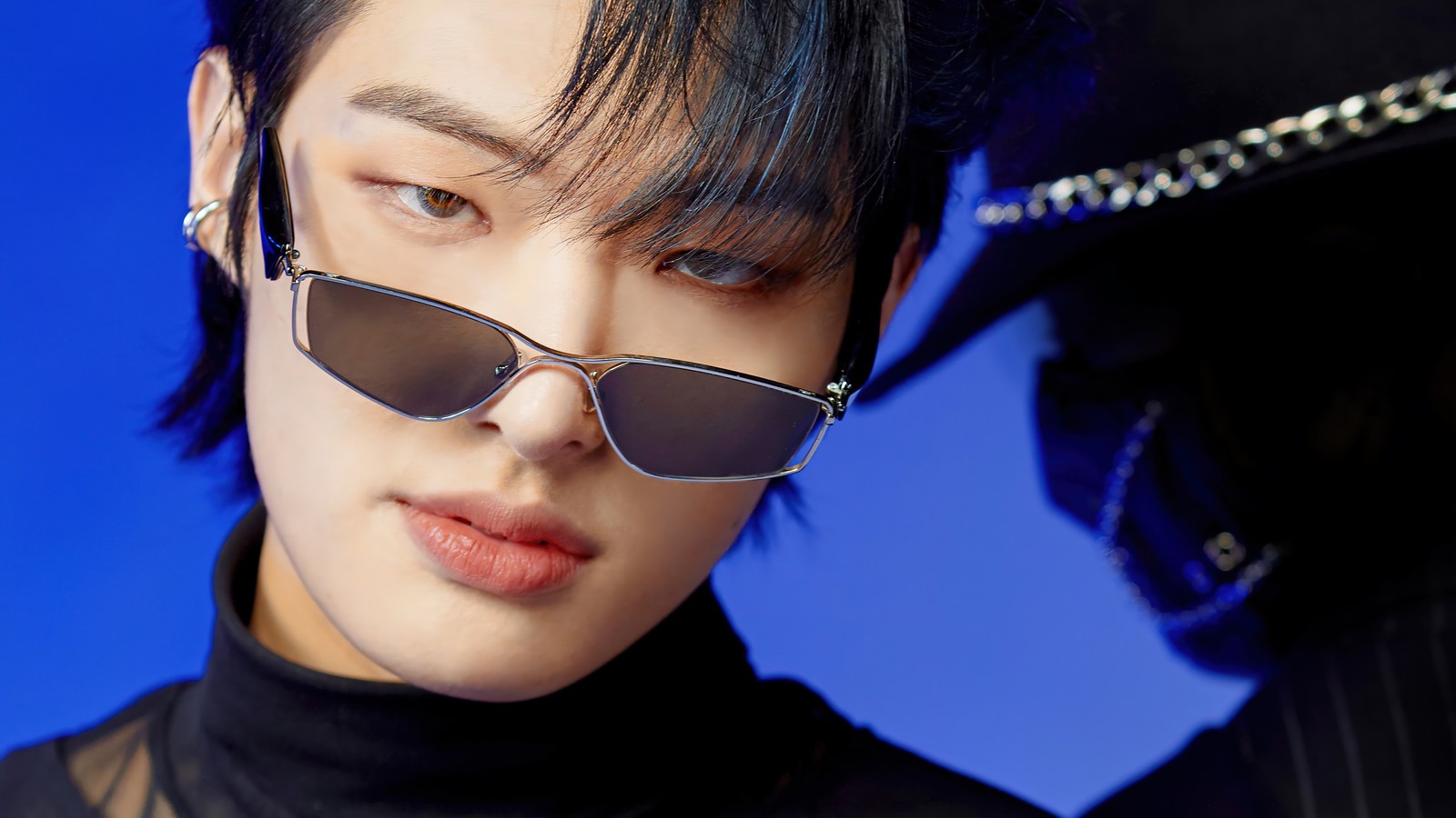 A close up of a person wearing sunglasses and a hat (mingi, 민기, song min gi, 송민기, ateez)