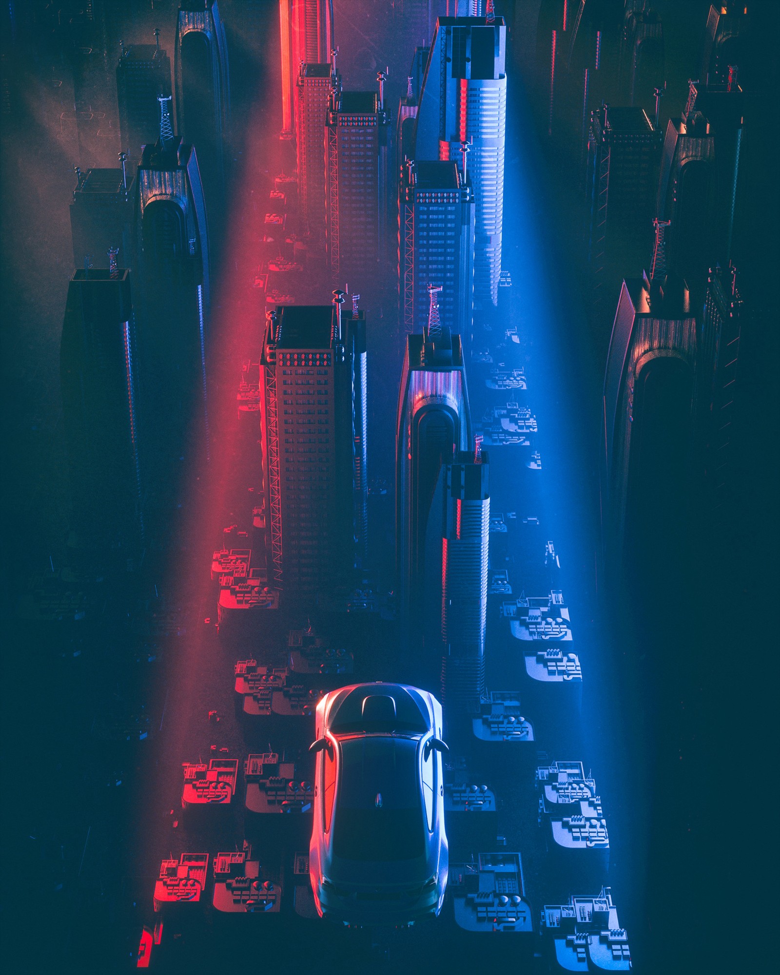 Hay un coche que conduce por la calle en la ciudad (cyberpunk, ciencia ficción, futurismo, azul, ligero)