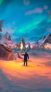 Embracing Adventure Under the Northern Lights: A Journey Through a Snowy Glacial Landscape