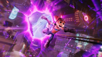 Ratchet pulando através de uma fenda dimensional em Ratchet & Clank: Rift Apart