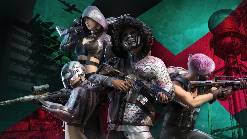 Un grupo de mujeres en armaduras sosteniendo armas y posando para una foto (playerunknowns battlegrounds, videojuego, escuadrón, invitacional global, 2021)