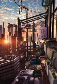 A serene figure gazes over a vibrant, futuristic cityscape at sunset, surrounded by greenery and high-rise buildings.