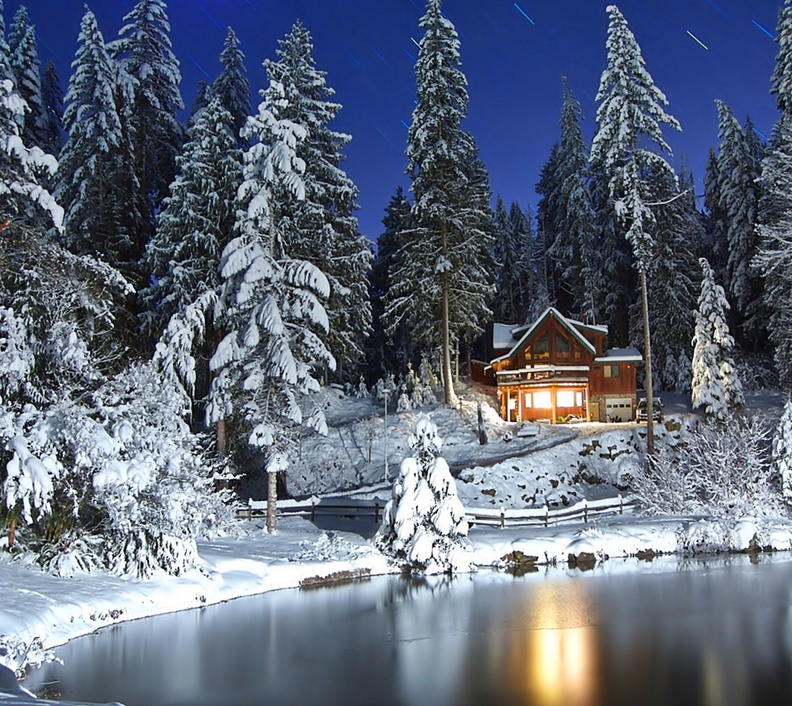 Snowy cabin in the woods with a pond and a full moon (nature, scenery, winter)