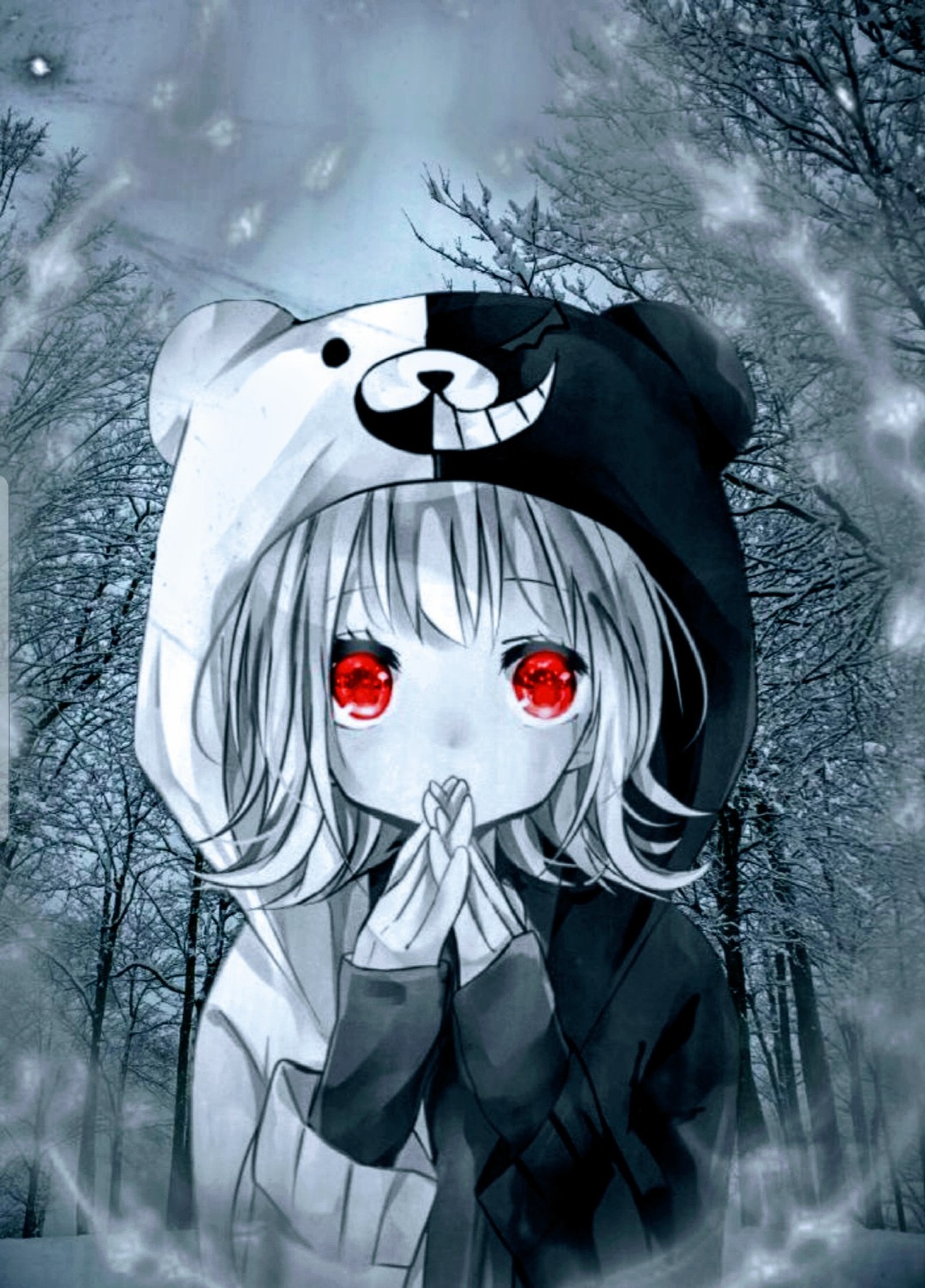 Chica de anime con ojos rojos y un sombrero negro en un bosque nevado (anime, niña)