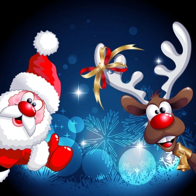 Festive Santa and Reindeer with Holiday Ornaments in a Vector Style