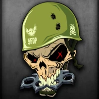 Stylized skull in military helmet with grunge elements and intense red eyes.