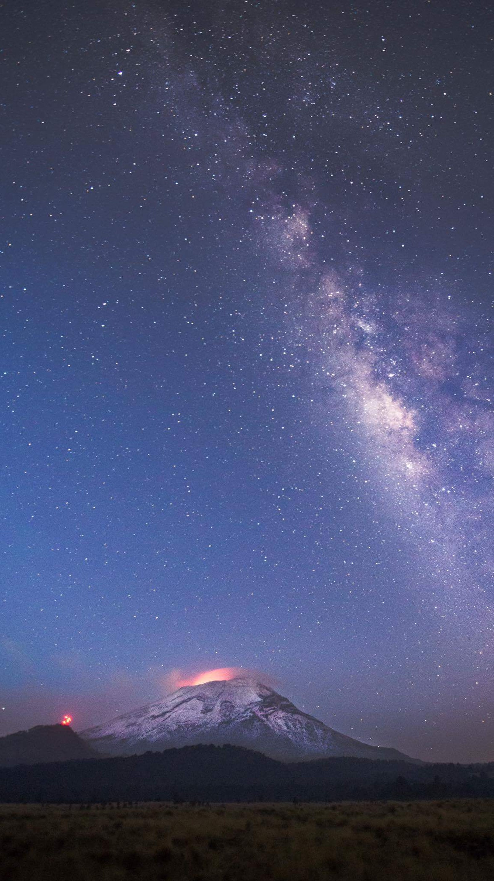 Starry sky over a mountain with a fire hydrant in the foreground (milkyway, photo, sky, volcano)