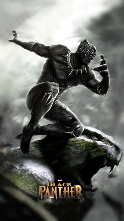 Black Panther in a dynamic pose, showcasing strength and agility against a dramatic backdrop.