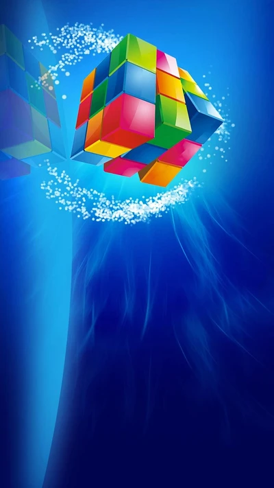 Cubo Rubik coloré scintillant sur un fond bleu