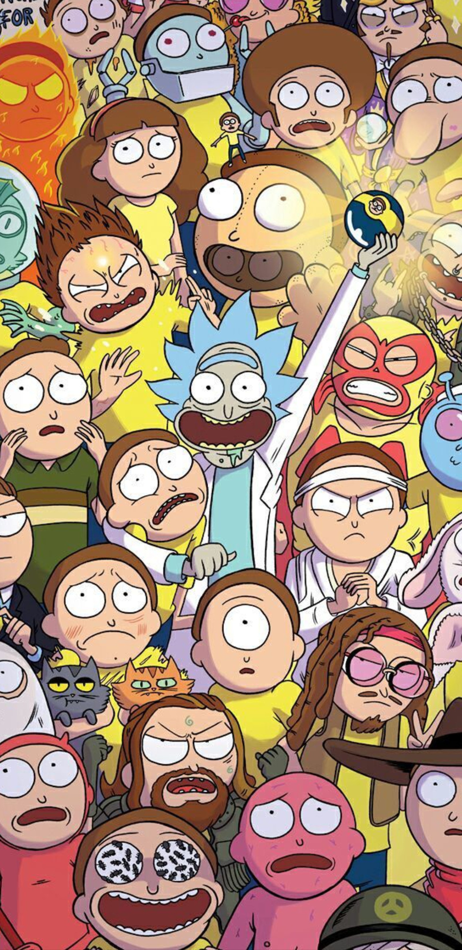 Un primer plano de un grupo de personajes de dibujos animados en una multitud (hd, rick y morty, rick and morty, programa de televisión)