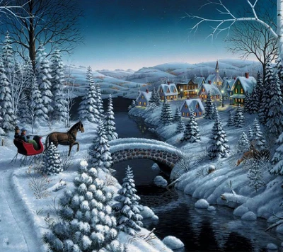 Serene Winter Landscape with Sleigh Ride and Snow-Covered Village