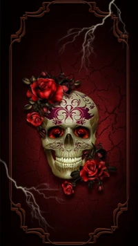 Dark Gothic Skull Adorned with Roses and Lightning