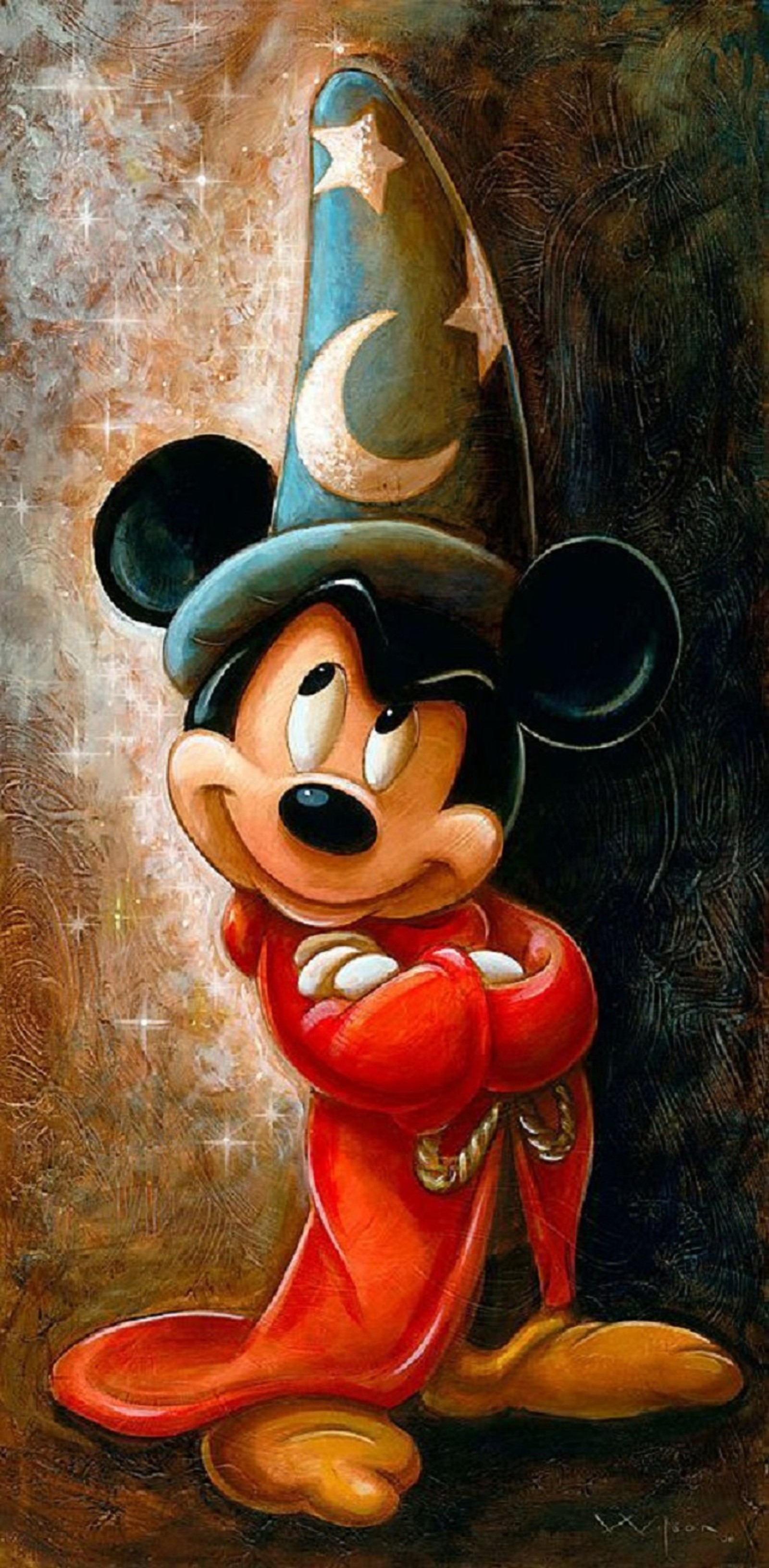 Mickey mouse in einem hexenhut und rotem mantel (zeichentrick, mickey mouse)