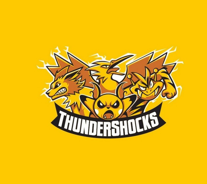 Logotipo dos thunderbirds em fundo amarelo (pikachu, pokémon, pokemon, thundershocks)