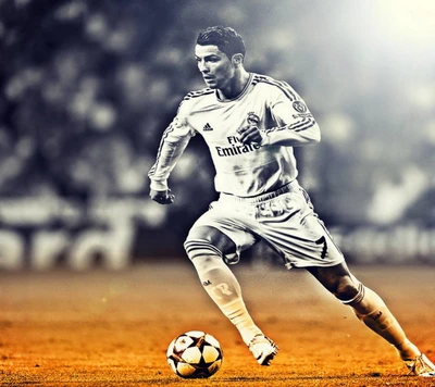 Cristiano Ronaldo in action for Real Madrid, showcasing his skill and determination on the pitch.