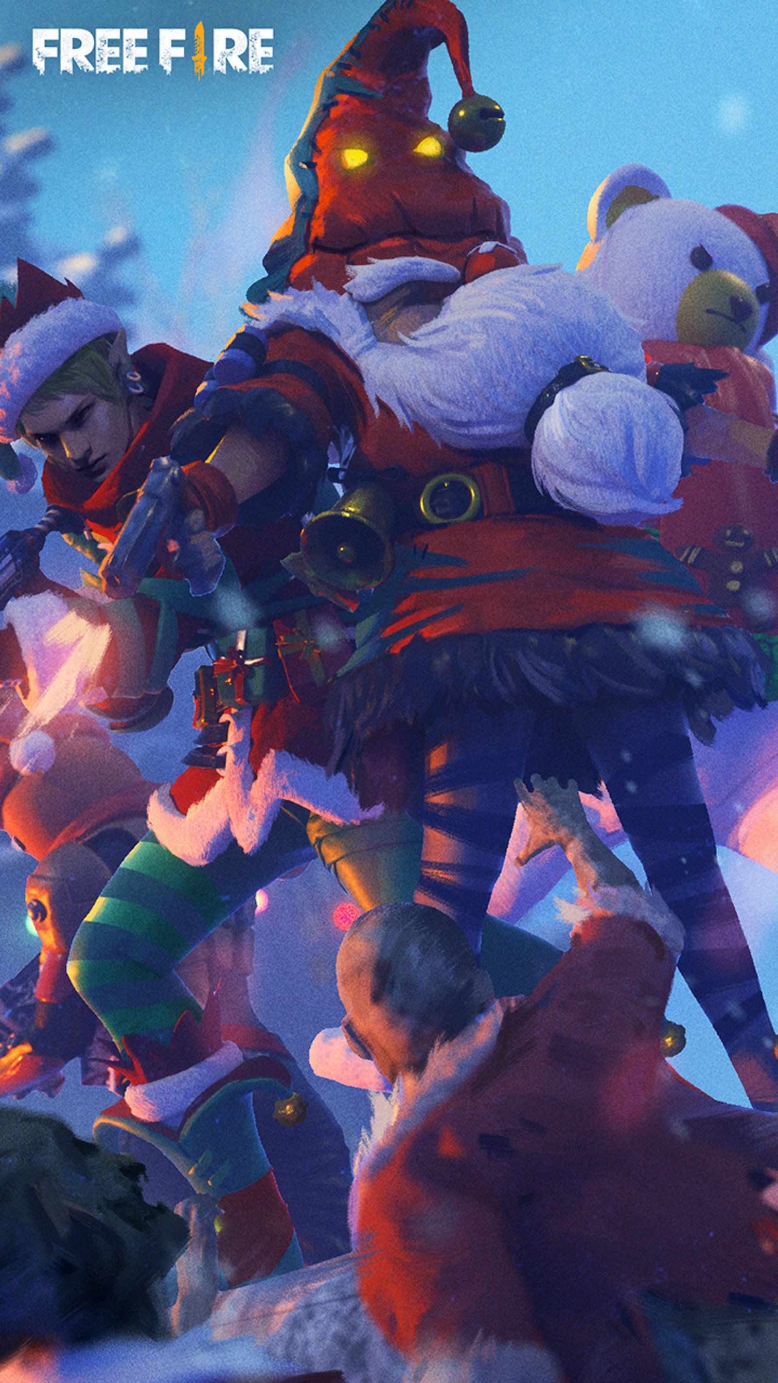 Una imagen de un grupo de personas vestidas de santa claus (free fire, garena)