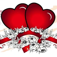 Two vibrant red hearts surrounded by intricate floral designs and ribbons, symbolizing love and affection.